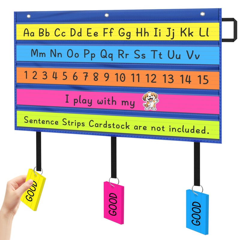AKAYOK Sentence Strip Holder- Clear 5 Pocket Chart for Classroom Homeschool Office, Foldable Pocket Chart for Word Wall/Letter Cards/Sentence Strips/Bulletin Board Borders (Blue) - Image 1